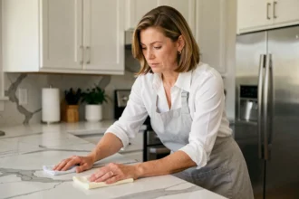 Professionnelle du ménage en tablier gris nettoyant un plan de travail en marbre dans une cuisine moderne