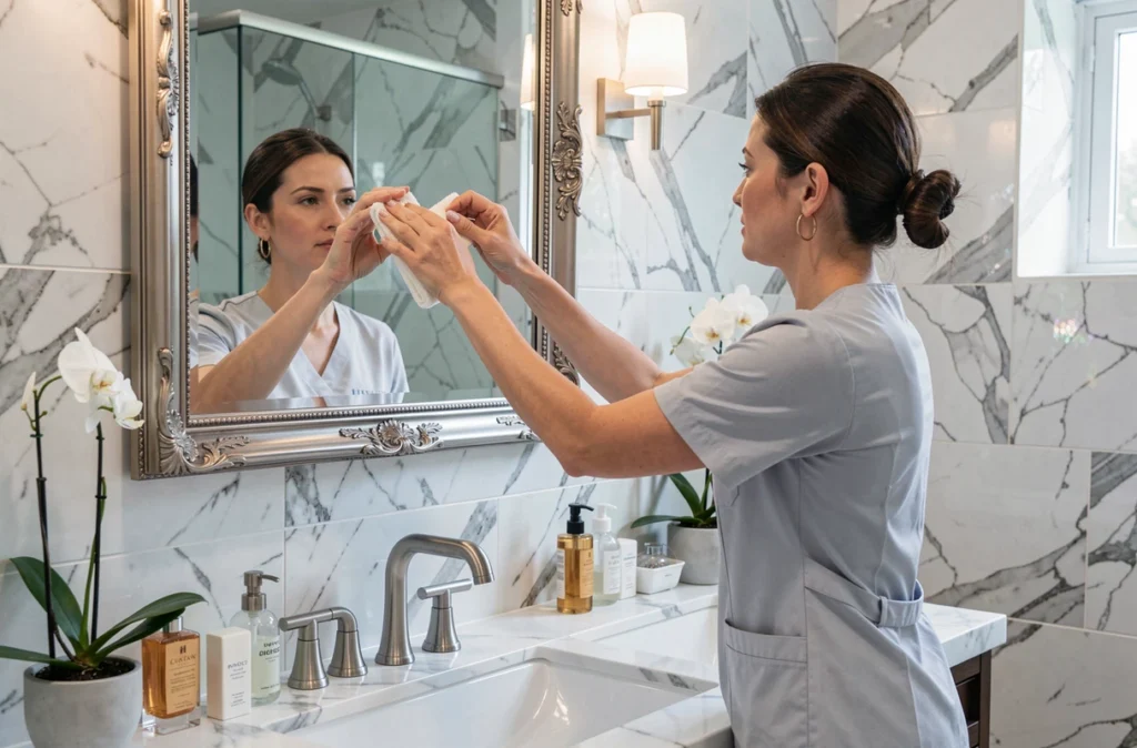 Professionnelle du nettoyage haut de gamme polissant un miroir dans une salle de bain en marbre luxueuse