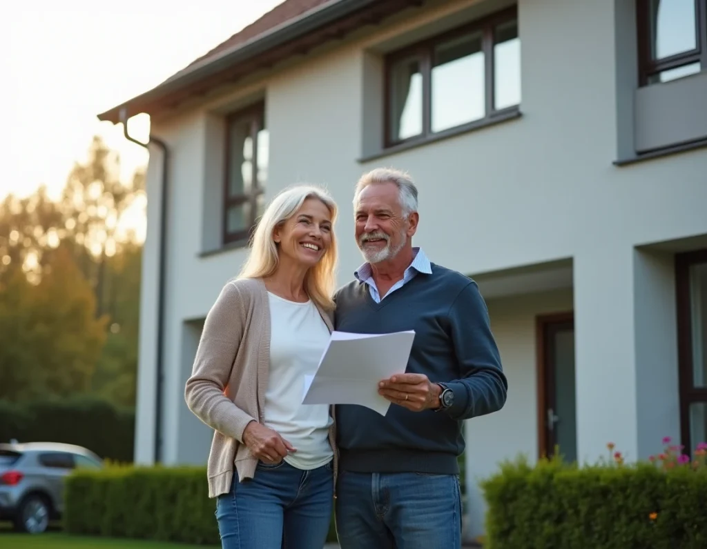 Couple de propriétaires souriants devant leur maison rénovée avec un ravalement isolant et une étiquette de performance énergétique