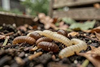 Pupes de mouche brunes et asticots crème sur sol humide près d'un tas de compost, photo macro réaliste