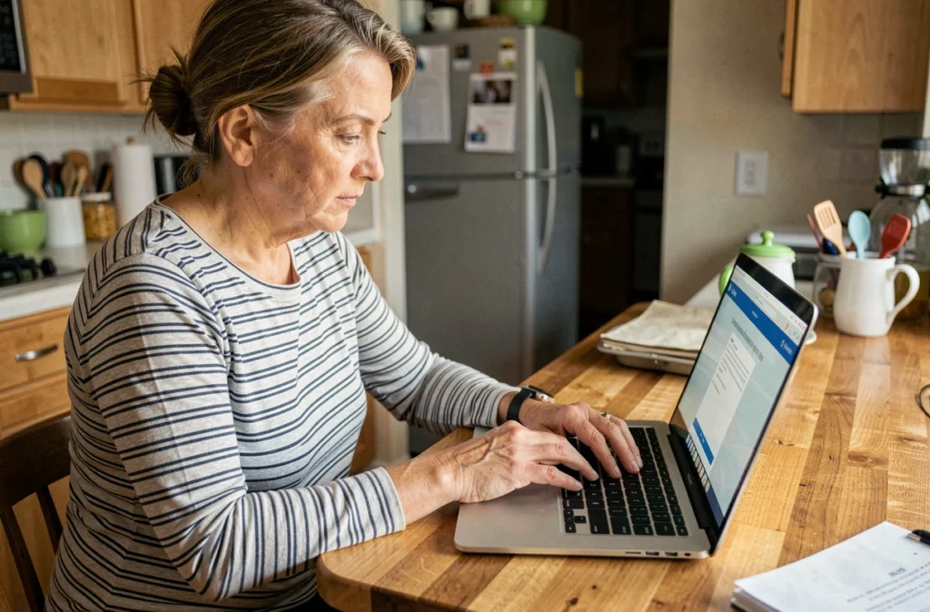 Femme postulant en ligne à un emploi d'aide ménagère depuis son domicile