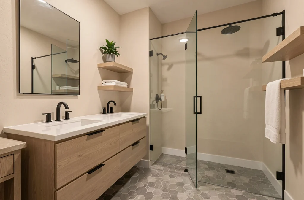 Salle de bain moderne rénovée correspondant exactement à un plan 3D avec double vasque et douche à l'italienne