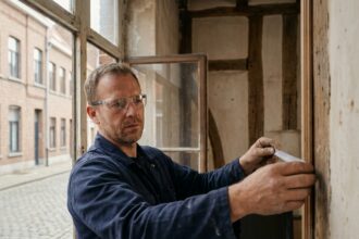 Artisan mesurant un cadre de fenêtre lors d'un projet de rénovation dans une maison flamande à Dunkerque