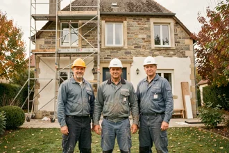 Équipe de rénovation professionnelle devant une maison en cours de rénovation en Seine-et-Marne