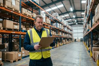Responsable d'entrepôt inspecte des rayonnages industriels métalliques dans un grand hangar logistique du Sud-Ouest