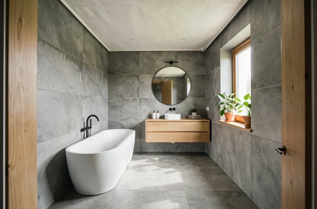 Salle de bains familiale complète avec plafond en toile off-white, baignoire îlot, carrelage gris effet béton et plantes vertes sur le rebord de fenêtre