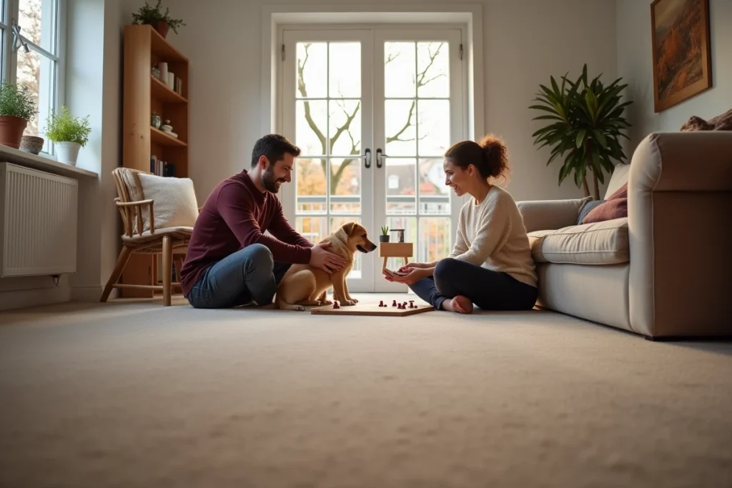 Salon confortable avec moquette isolante thermique posée sur un plancher au-dessus d'un garage, couple détendu assis pieds nus sur le revêtement