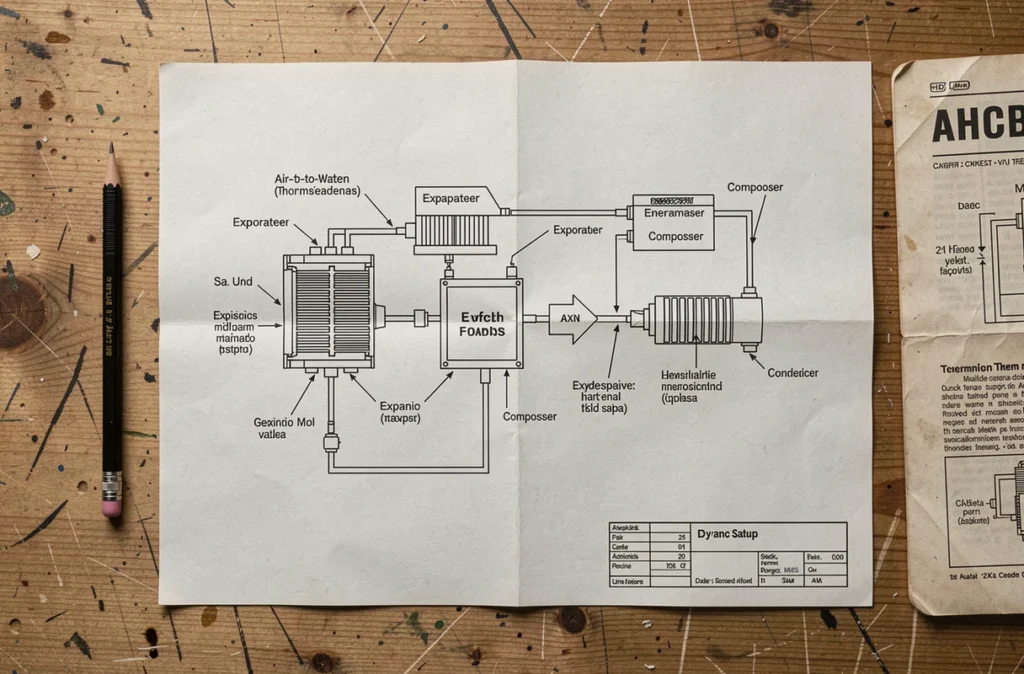 Schéma technique du cycle thermodynamique d'une pompe à chaleur air-eau posé sur une table en bois