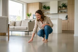 Femme touchant un sol en résine époxy gris clair dans un salon moderne et lumineux