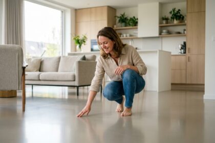 Femme touchant un sol en résine époxy gris clair dans un salon moderne et lumineux