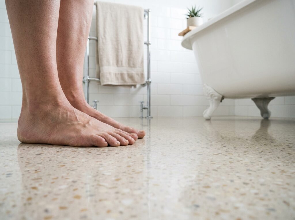 Détail d'un sol en résine tendance béton ciré dans une salle de bain contemporaine