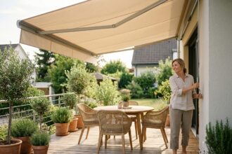 Store banne coffre sur terrasse moderne avec femme ajustant la manivelle manuelle