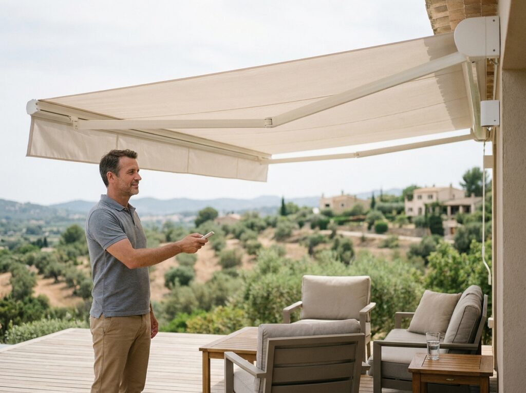 Homme commandant un store banne motorisé sur terrasse en bois avec vue sur paysage