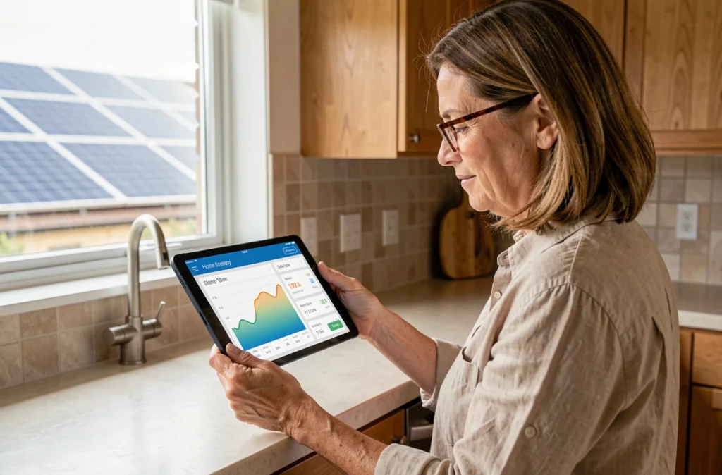 Femme consultant une application de suivi de production d'énergie solaire sur une tablette dans sa cuisine