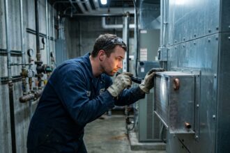 Technicien industriel inspectant un échangeur thermique air-fluide dans une salle des machines professionnelle