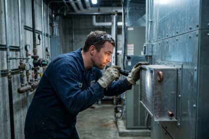 Technicien industriel inspectant un échangeur thermique air-fluide dans une salle des machines professionnelle
