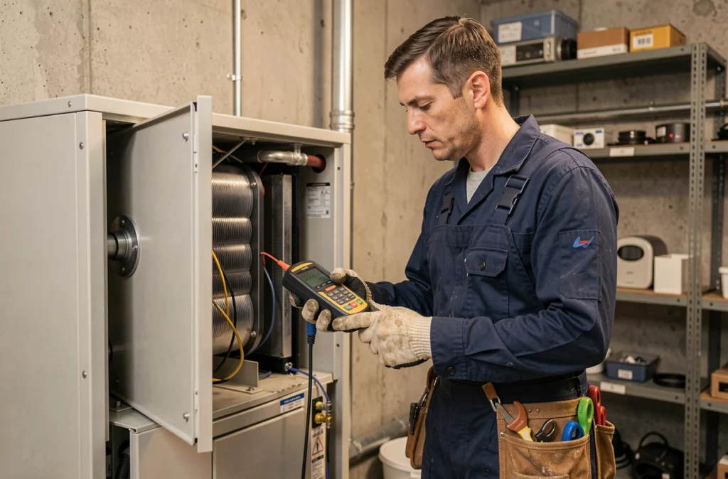 Technicien inspectant les composants internes d'une pompe à chaleur air-eau dans une salle technique