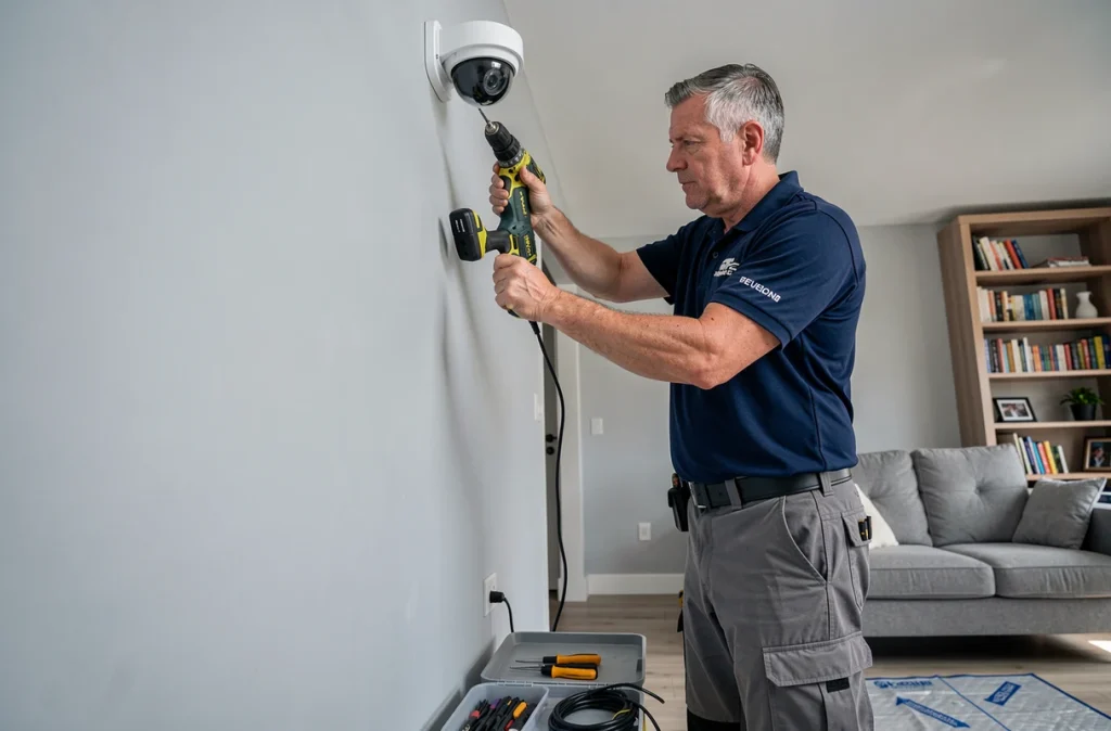 Technicien en sécurité installant une caméra de surveillance intérieure dans un salon moderne