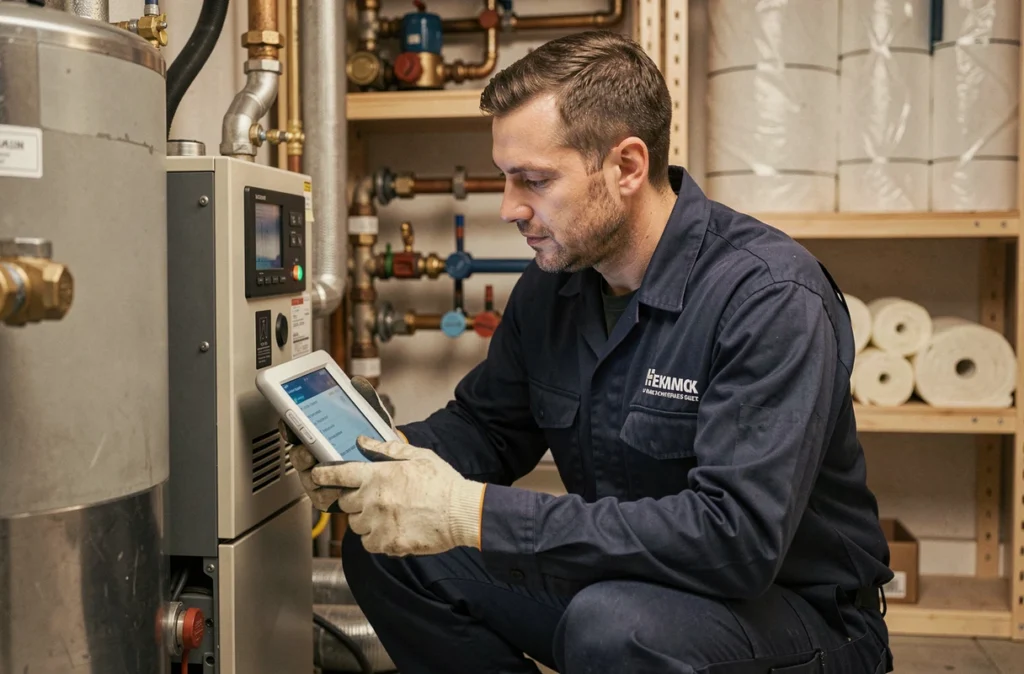 Technicien installateur vérifiant le tableau de commande d'une pompe à chaleur intérieure