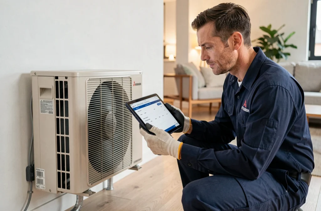 Technicien HVAC en uniforme inspectant une unité intérieure de pompe à chaleur Mitsubishi dans un salon moderne