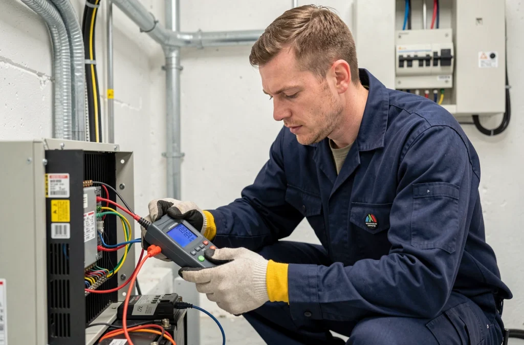 Technicien vérifiant un onduleur solaire et une batterie de stockage dans un local technique