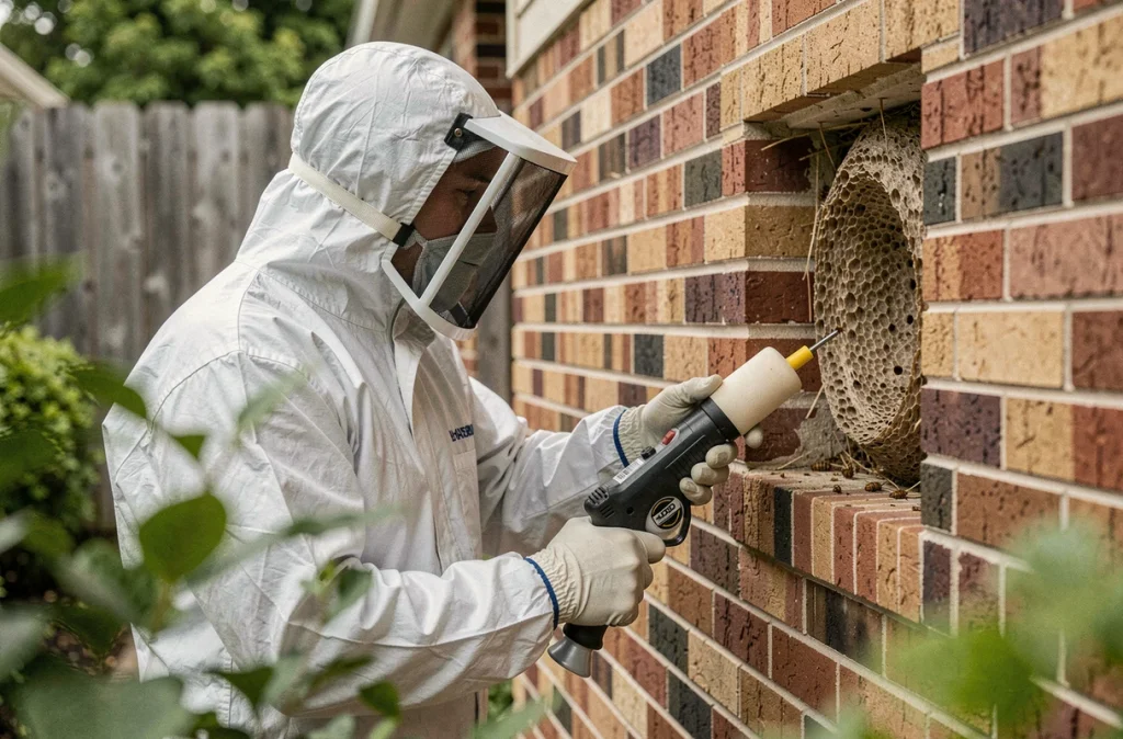 Technicien en équipement de protection complet inspectant un nid de guêpes dans un mur en brique lors d'une intervention professionnelle