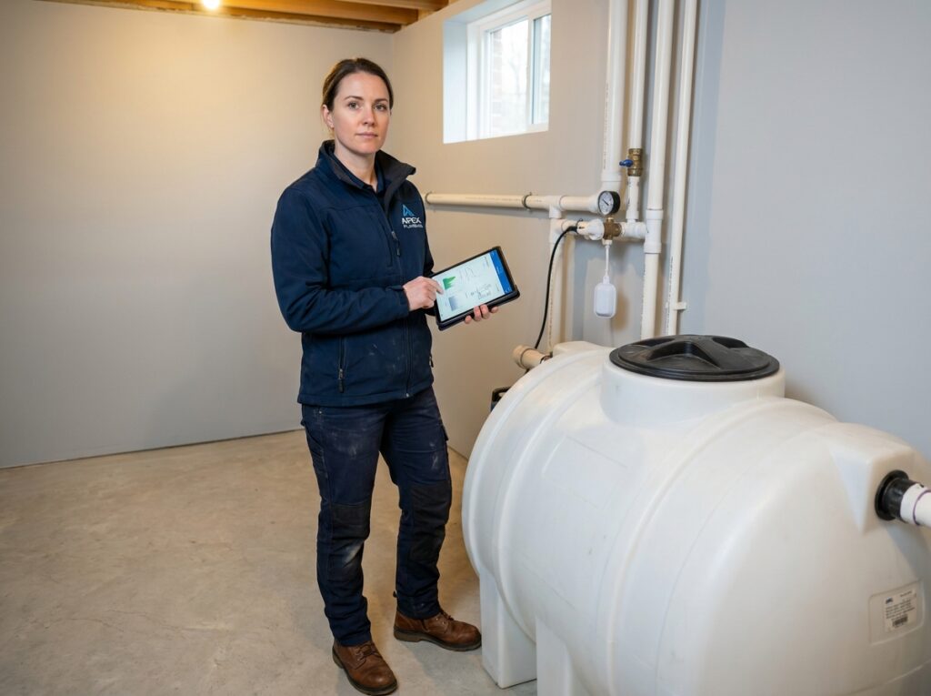 Technicienne plombière évaluant une installation de pompe de relevage résidentielle avec une tablette de diagnostic