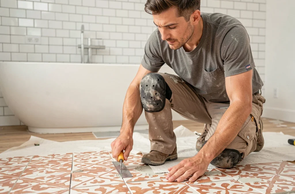 Carreleur de Tomé Martins Mauro posant des carreaux de ciment décoratifs dans une salle de bain rénovée