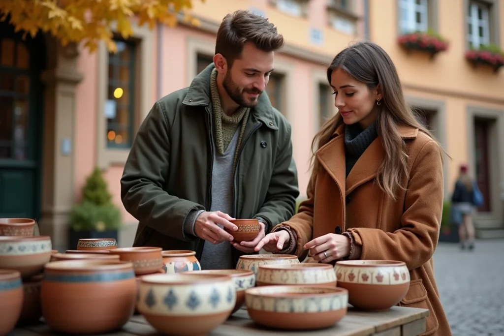 Couple visitant la Poterie Beck à Soufflenheim et découvrant des céramiques alsaciennes peintes à la main devant la façade à colombages de la boutique