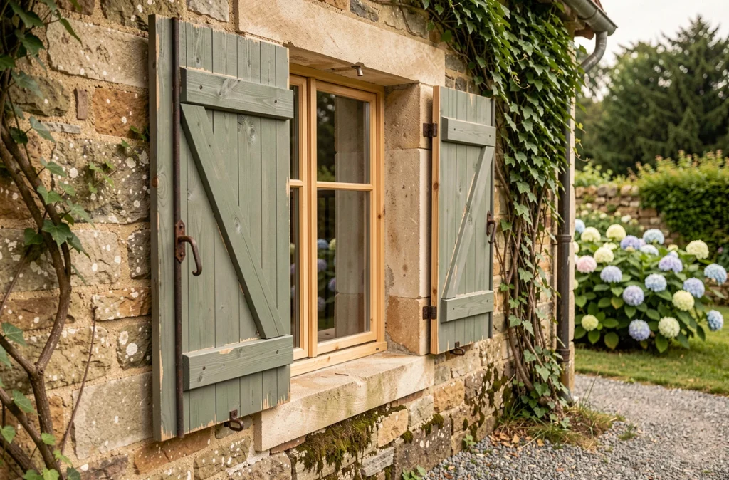 Volets en bois fait maison peints en gris vert montés sur la façade en pierre d'une maison de campagne française